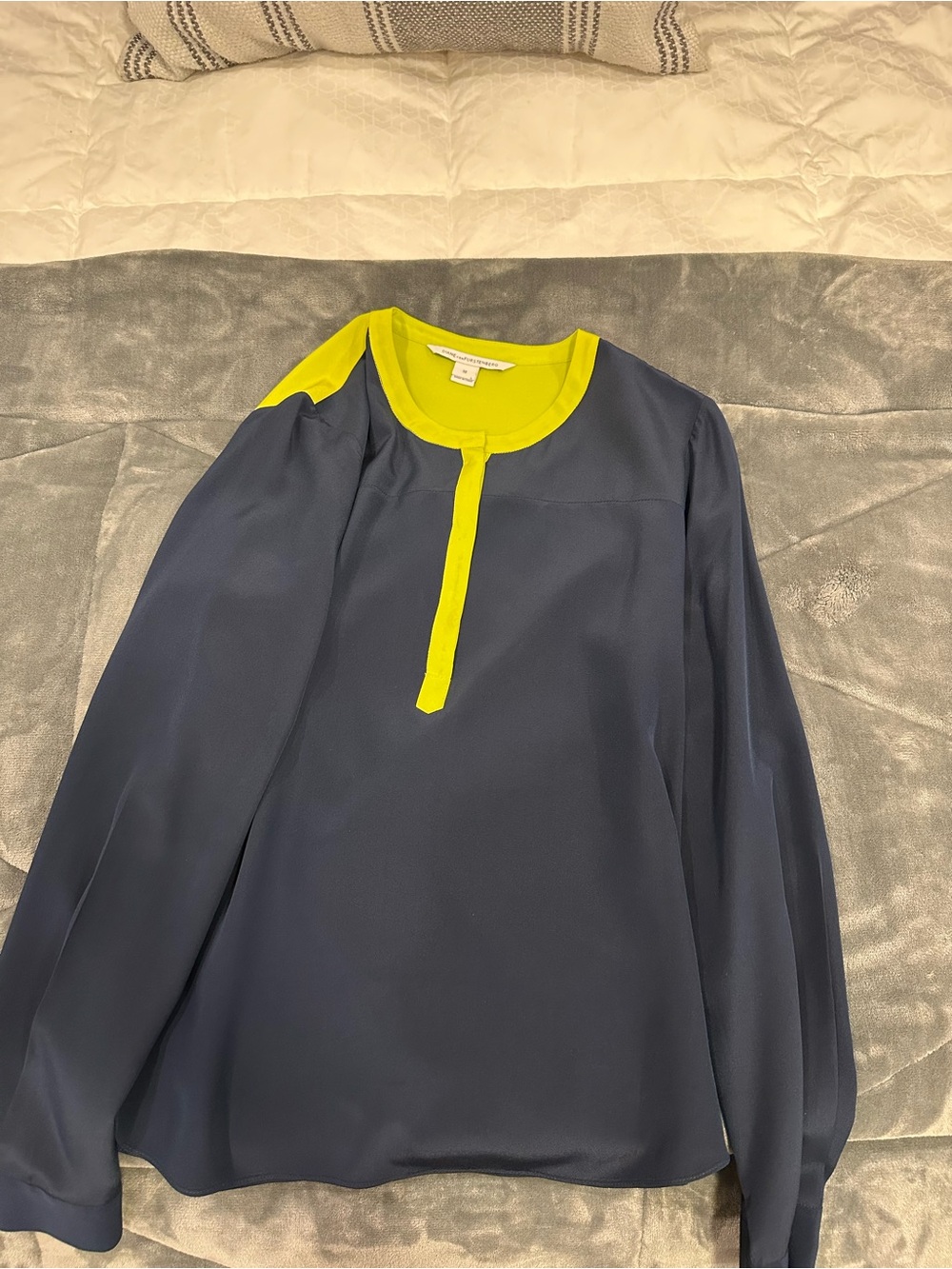 Diane Von Furstenberg Neon Yellow and Navy Colorblock Blouse